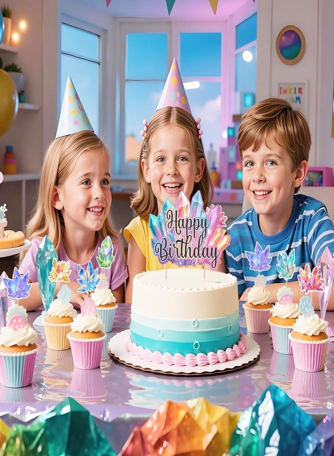 Fangleland 25Pcs Colorful Crystals Birthday Cake Cupcake Toppers, Geology Themed Happy Birthday Cake Decorations Crystals Theme Cupcake Picks for Bday Baby Shower Party Supplies - Image 5