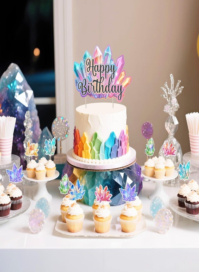 Fangleland 25Pcs Colorful Crystals Birthday Cake Cupcake Toppers, Geology Themed Happy Birthday Cake Decorations Crystals Theme Cupcake Picks for Bday Baby Shower Party Supplies - Image 4