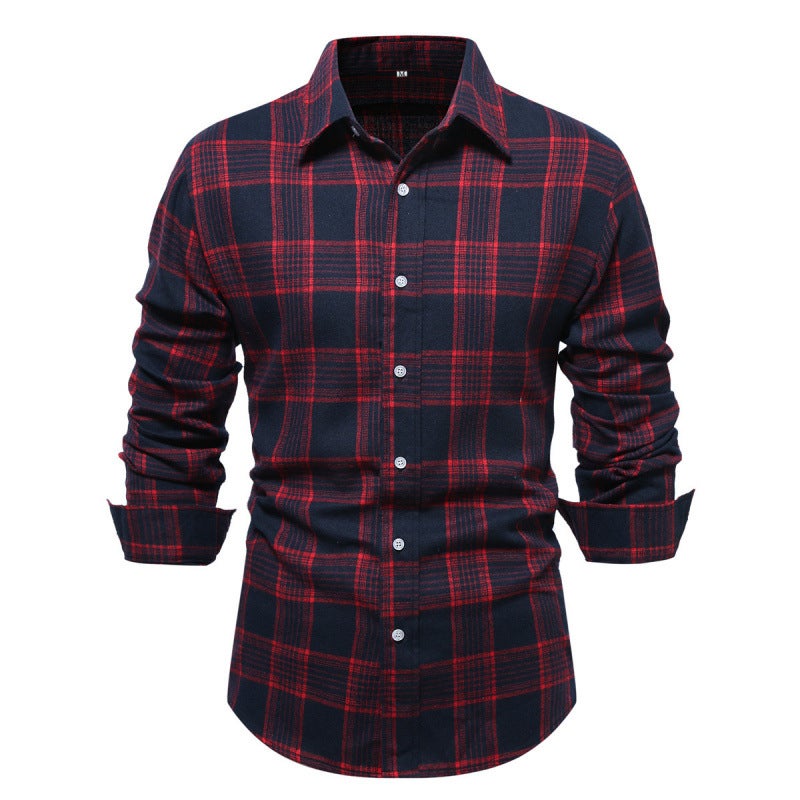 Red Sanding Plaid Long Sleeve Mens Shirt Foreign Trade Mens Business Casual Shirt Mens Spring, Autumn and Winter Cross-border Cardigan MY014 RED CHECK