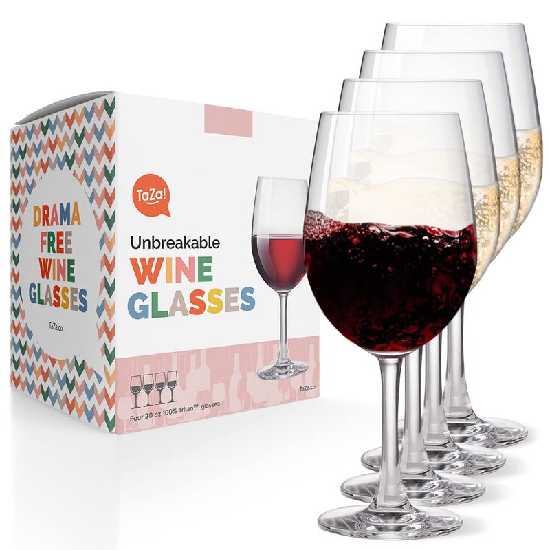 Taza Outdoor Plastic Wine Glasses With Stem 20oz  Unbreakable Tritan Wine Glasses by TaZa  Shatterproof Wine Glasses for Pool Beach Travel Camping or Picnic  Set of 4