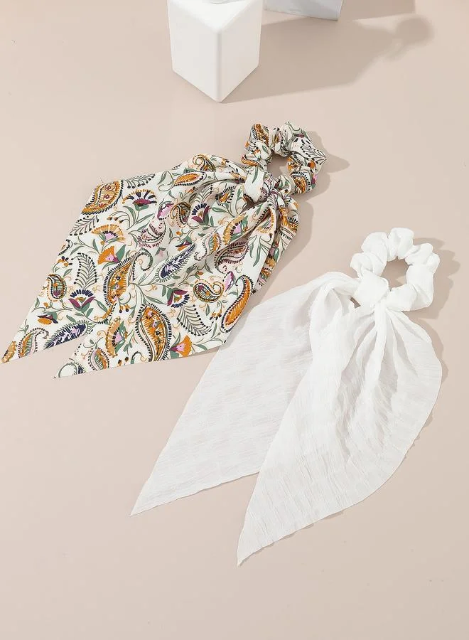 Set of 2 - Paisley Print and White Scrunchie Scarf