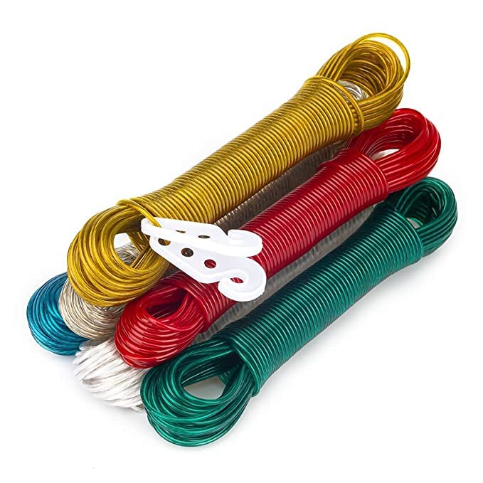Magic Providers 20 Meter Cloth Drying Ropes PVC Coated Steel AntiRust Wire Rope Multipurpose Washing Line Clothesline with 2 Plastic Hooks for Drying Clothes Set of 2 - Image 1