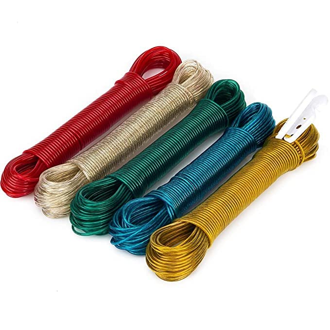 Magic Providers 20 Meter Cloth Drying Ropes PVC Coated Steel AntiRust Wire Rope Multipurpose Washing Line Clothesline with 2 Plastic Hooks for Drying Clothes Set of 2 - Image 3