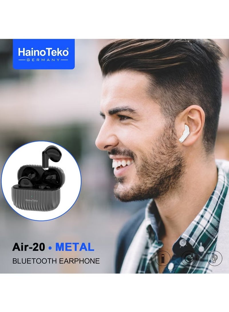 Haino Teko Air-20 Metal Bluetooth Earphones with High Bass Music Technology, Super Clear Microphone, Multifunctional Touch Control, Compatible with iPhones and iPads, Black, Wireless Earbuds for Music & Calls - Image 2