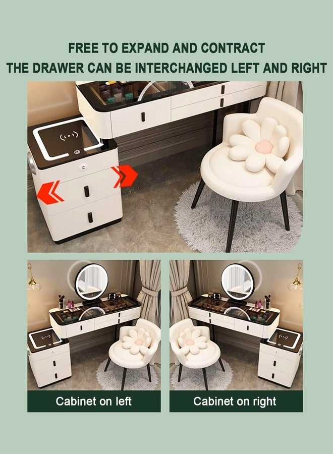 Raffine Set of 2 Smart Dressing Table and Chair Set Multifunction Vanity Makeup Desk with HD Adjustable Tri Color LED Lights Mirror Wireless Charging Bluetooth Speaker Glass Tabletop 5 Drawers Storage and Ergonomically Design Cushioned Stool Chair for Living Room Bedroom 150x40x126cm - Image 5