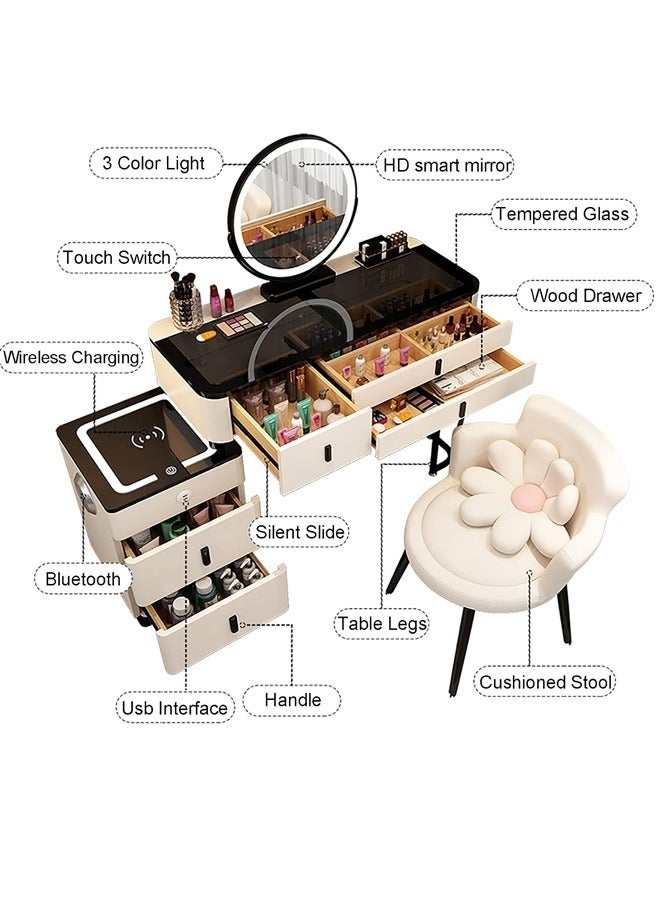 Raffine Set of 2 Smart Dressing Table and Chair Set Multifunction Vanity Makeup Desk with HD Adjustable Tri Color LED Lights Mirror Wireless Charging Bluetooth Speaker Glass Tabletop 5 Drawers Storage and Ergonomically Design Cushioned Stool Chair for Living Room Bedroom 150x40x126cm - Image 4