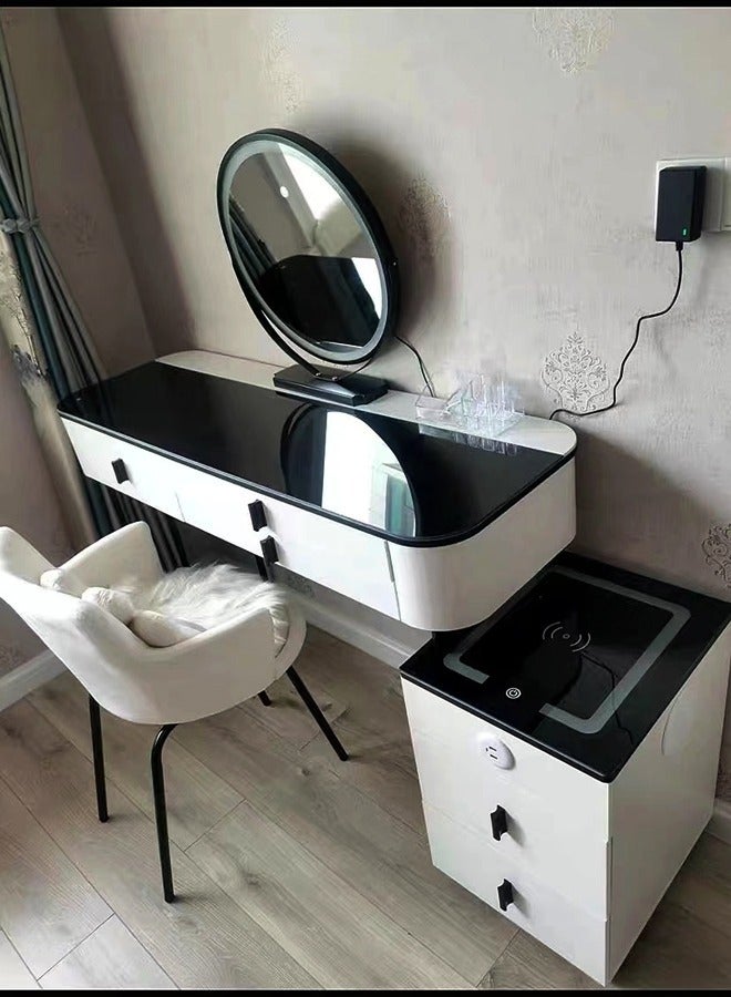 Raffine Set of 2 Smart Dressing Table and Chair Set Multifunction Vanity Makeup Desk with HD Adjustable Tri Color LED Lights Mirror Wireless Charging Bluetooth Speaker Glass Tabletop 5 Drawers Storage and Ergonomically Design Cushioned Stool Chair for Living Room Bedroom 150x40x126cm - Image 3
