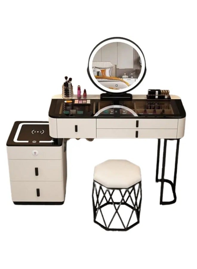 Raffine Set of 2 Smart Dressing Table and Chair Set Multifunction Vanity Makeup Desk with HD Adjustable Tri Color LED Lights Mirror Wireless Charging Bluetooth Speaker Glass Tabletop 5 Drawers Storage and Ergonomically Design Cushioned Stool Chair for Living Room Bedroom 150x40x126cm - Image 2