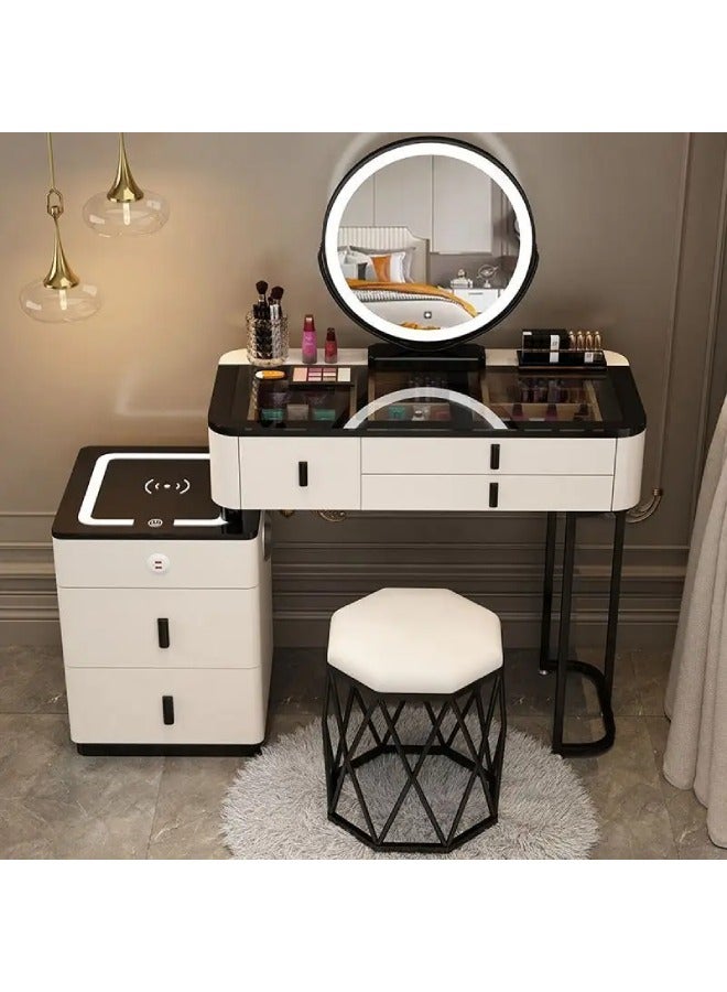 Raffine Set of 2 Smart Dressing Table and Chair Set Multifunction Vanity Makeup Desk with HD Adjustable Tri Color LED Lights Mirror Wireless Charging Bluetooth Speaker Glass Tabletop 5 Drawers Storage and Ergonomically Design Cushioned Stool Chair for Living Room Bedroom 150x40x126cm - Image 1
