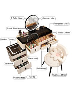 Raffine Set of 2 Smart Dressing Table and Chair Set Multifunction Vanity Makeup Desk with HD Adjustable Tri Color LED Lights Mirror Wireless Charging Bluetooth Speaker Glass Tabletop 5 Drawers Storage and Ergonomically Design Cushioned Stool Chair for Living Room Bedroom 150x40x126cm  - Image 5
