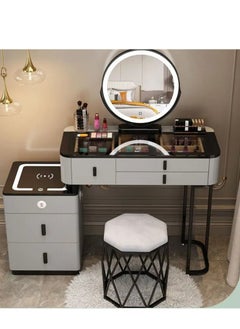 Raffine Set of 2 Smart Dressing Table and Chair Set Multifunction Vanity Makeup Desk with HD Adjustable Tri Color LED Lights Mirror Wireless Charging Bluetooth Speaker Glass Tabletop 5 Drawers Storage and Ergonomically Design Cushioned Stool Chair for Living Room Bedroom 150x40x126cm  - Image 1