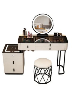 Raffine Set of 2 Smart Dressing Table and Chair Set Multifunction Vanity Makeup Desk with HD Adjustable Tri Color LED Lights Mirror Wireless Charging Bluetooth Speaker Glass Tabletop 5 Drawers Storage and Ergonomically Design Cushioned Stool Chair for Living Room Bedroom 150x40x126cm  - Image 2