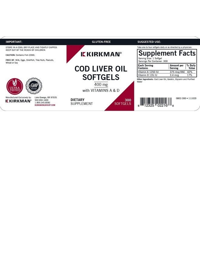 Kirkman Cod Liver Oil With Vitamin A & D 300 Softgels Essential Fatty Acids Supports Foundational Health Hypoallergenic - Image 4