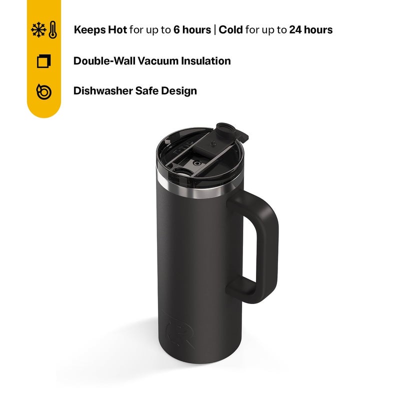 RTIC 20oz Road Trip Travel Mug with Lid and Handle, Ceramic Lined, Insulated, Stainless Steel, Metal, Double Wall Vacuum-Insulation, Portable Coffee, Tea Cup for Hot and Cold Drink, Black - Image 2