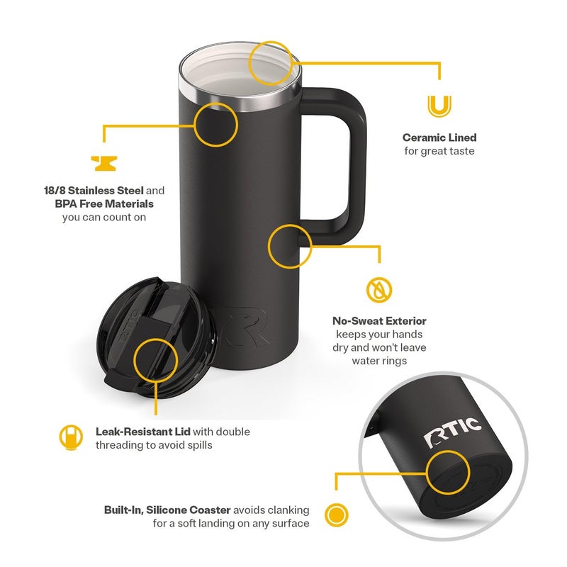 RTIC 20oz Road Trip Travel Mug with Lid and Handle, Ceramic Lined, Insulated, Stainless Steel, Metal, Double Wall Vacuum-Insulation, Portable Coffee, Tea Cup for Hot and Cold Drink, Black - Image 3