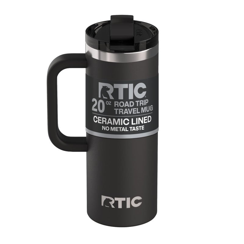 RTIC 20oz Road Trip Travel Mug with Lid and Handle, Ceramic Lined, Insulated, Stainless Steel, Metal, Double Wall Vacuum-Insulation, Portable Coffee, Tea Cup for Hot and Cold Drink, Black - Image 1