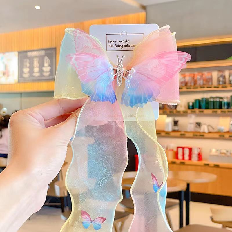 Generic Ultra-fairy Butterfly Knot Hair Accessories Girls Tassel Hairband Pearl Bowknot Clip Children Hair Accessories Cloth Hairpin Pink Blue butterfly ribbon