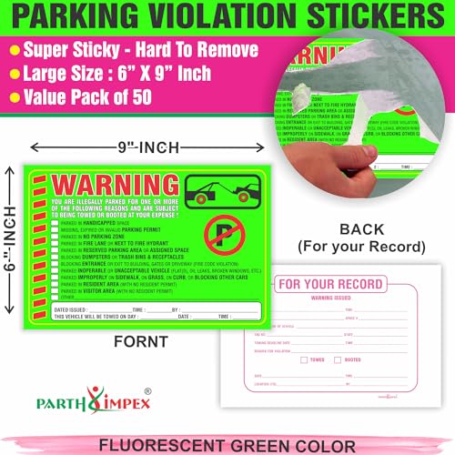 PARTH IMPEX Parking Violation Stickers Notice (Pack of 50) Tow Warning You are Illegally Parked Multi Reasons - Large Size 6" X 9" – Green - Image 2