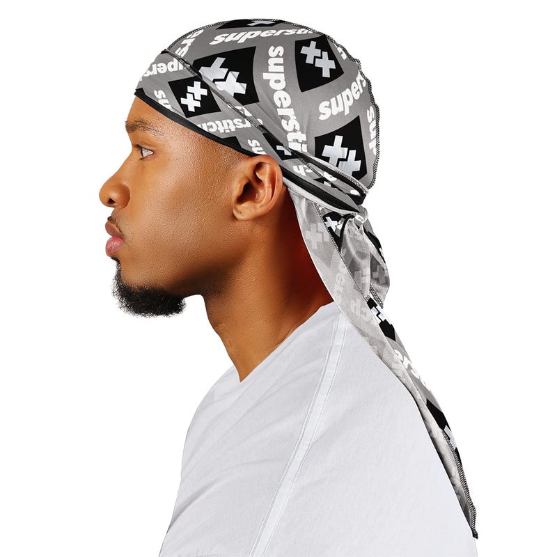 Superstitch Supersilky Ultra Silky Durag x Wavebuilder | 30+ Styles Premium Designer Durags for Men | 360 Waves | Black, White and Gray (Gray Boxx) - Image 5