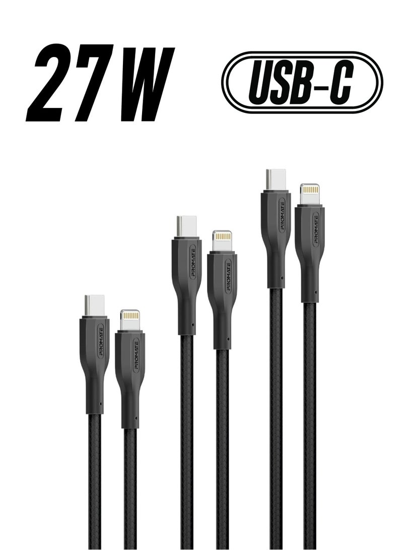 بروميت مجموعة من 3 كابلات USB-C إلى Lightning، كابلات مزامنة وشحن Lightning ثلاثية فائقة السرعة مع PD بقوة 27 وات، وأطوال سلك متعددة (0.3 متر، 1.2 متر، 2 متر) واختبار انحناء 25000+ وأسلاك خالية من التشابك، CableKit-Ci - Image 1