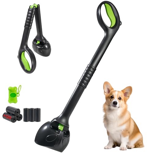 NYEONHRT 28 Inch Handle Dog Pooper Scooper Portable with Bag Attachment, One Handed Foldable Design, Includes 120 Waste Bags and Dispenser for Grass Yard Gravel Cleanup - Image 1