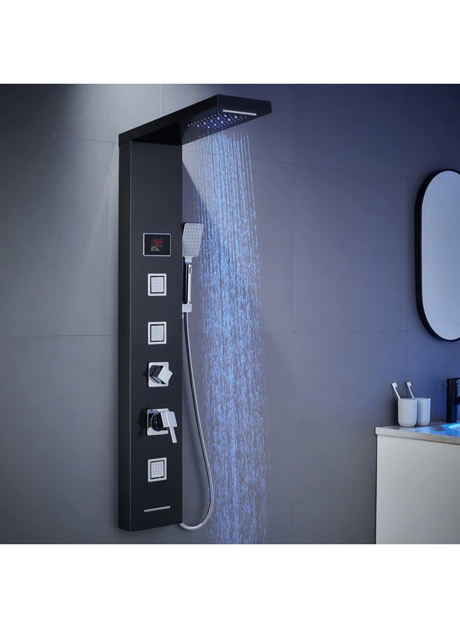 MENATT LED Shower Panel Tower System Black, 304 Stainless Steel 5-Function Shower Panel Rainfall Waterfall Shower Rain Massage System with Body Jets - Image 1