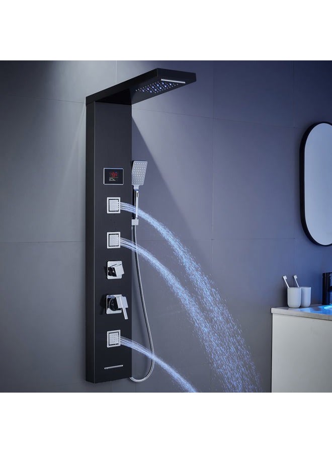 MENATT LED Shower Panel Tower System Black, 304 Stainless Steel 5-Function Shower Panel Rainfall Waterfall Shower Rain Massage System with Body Jets - Image 4