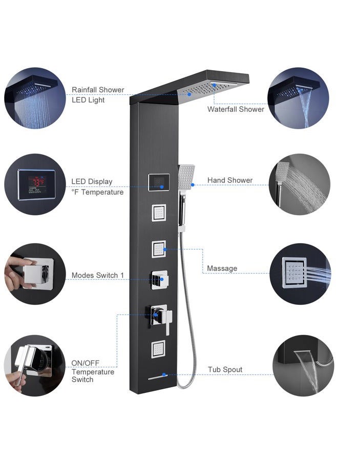 MENATT LED Shower Panel Tower System Black, 304 Stainless Steel 5-Function Shower Panel Rainfall Waterfall Shower Rain Massage System with Body Jets - Image 5