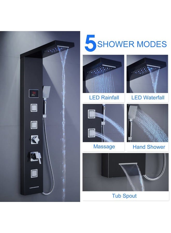MENATT LED Shower Panel Tower System Black, 304 Stainless Steel 5-Function Shower Panel Rainfall Waterfall Shower Rain Massage System with Body Jets - Image 2