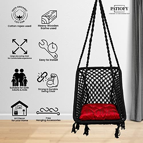 Patiofy Rectangle Shape Swing Chair With Back Support/Cotton Swing For Adults&Kids/Wooden Swing For Balcony,Home Garden,Indoor/Hammock Hanging Swing/Includes Red Square Cushion-Black,43 Cm,17 Cm - Image 5