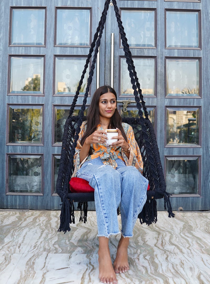 Patiofy Rectangle Shape Swing Chair With Back Support/Cotton Swing For Adults&Kids/Wooden Swing For Balcony,Home Garden,Indoor/Hammock Hanging Swing/Includes Red Square Cushion-Black,43 Cm,17 Cm - Image 1