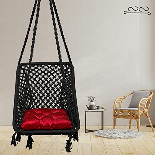 Patiofy Rectangle Shape Swing Chair With Back Support/Cotton Swing For Adults&Kids/Wooden Swing For Balcony,Home Garden,Indoor/Hammock Hanging Swing/Includes Red Square Cushion-Black,43 Cm,17 Cm - Image 2