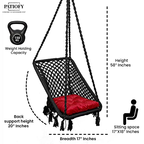 Patiofy Rectangle Shape Swing Chair With Back Support/Cotton Swing For Adults&Kids/Wooden Swing For Balcony,Home Garden,Indoor/Hammock Hanging Swing/Includes Red Square Cushion-Black,43 Cm,17 Cm - Image 4
