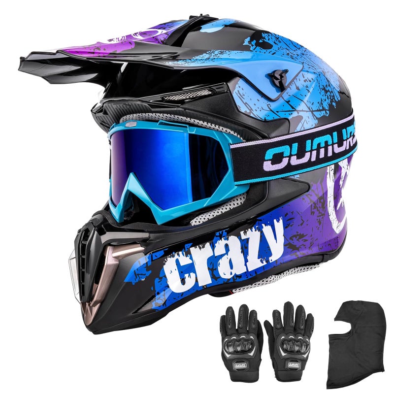 OUMURS Adult ATV Dirt Bike Helmet with Gloves & Mask Adjustable Sun Visor Motorcycle Adult Helmet Off-Road Motocross Downhill Moped MX for Unisex-Adult-Crazy Blue, L - Image 1