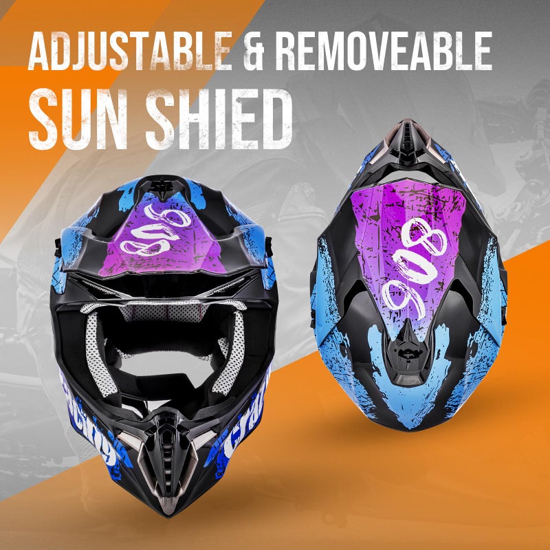 OUMURS Adult ATV Dirt Bike Helmet with Gloves & Mask Adjustable Sun Visor Motorcycle Adult Helmet Off-Road Motocross Downhill Moped MX for Unisex-Adult-Crazy Blue, L - Image 2