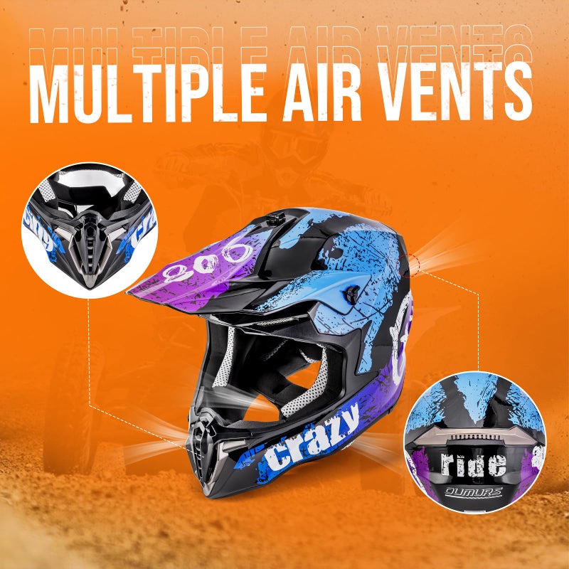 OUMURS Adult ATV Dirt Bike Helmet with Gloves & Mask Adjustable Sun Visor Motorcycle Adult Helmet Off-Road Motocross Downhill Moped MX for Unisex-Adult-Crazy Blue, L - Image 4
