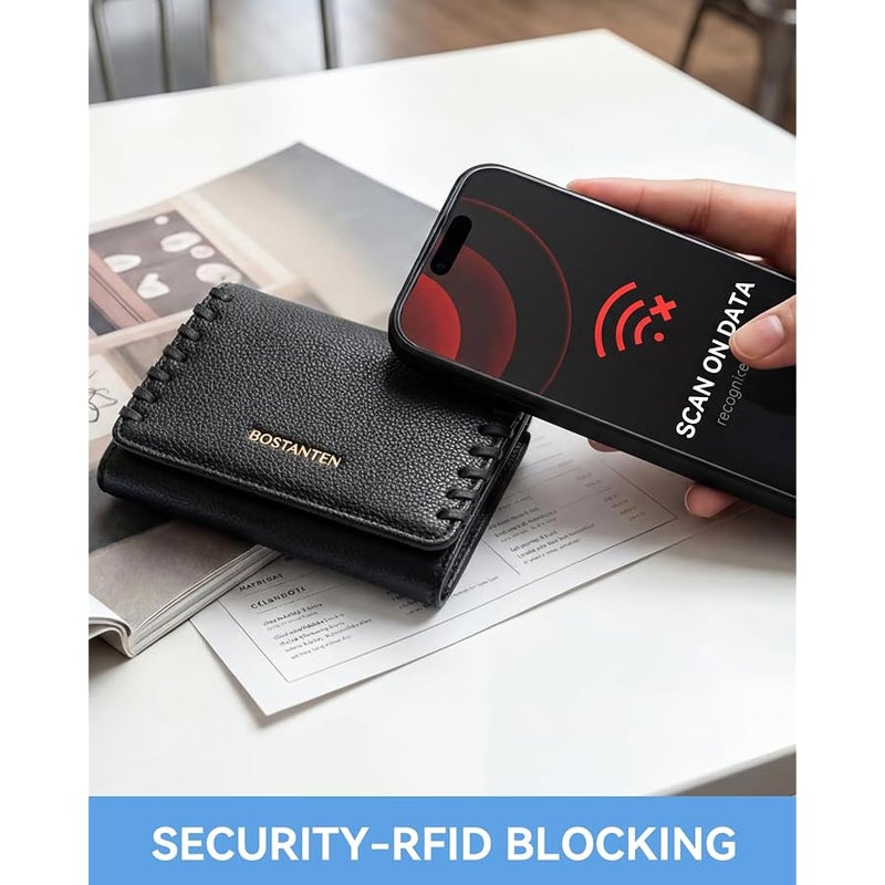 Bostanten Small Wallet Women RFID Blocking Card Holder with Zipper Pocket, Black, small, Trifold Small Wallet - Image 5