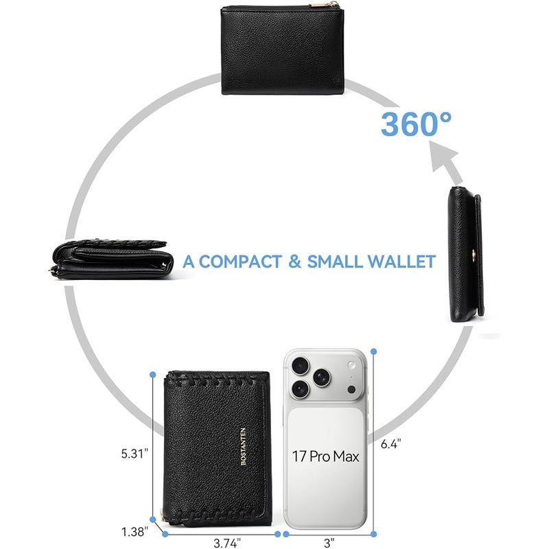 Bostanten Small Wallet Women RFID Blocking Card Holder with Zipper Pocket, Black, small, Trifold Small Wallet - Image 4