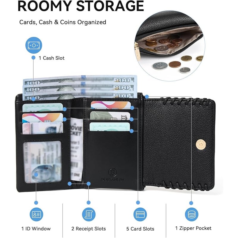 Bostanten Small Wallet Women RFID Blocking Card Holder with Zipper Pocket, Black, small, Trifold Small Wallet - Image 2
