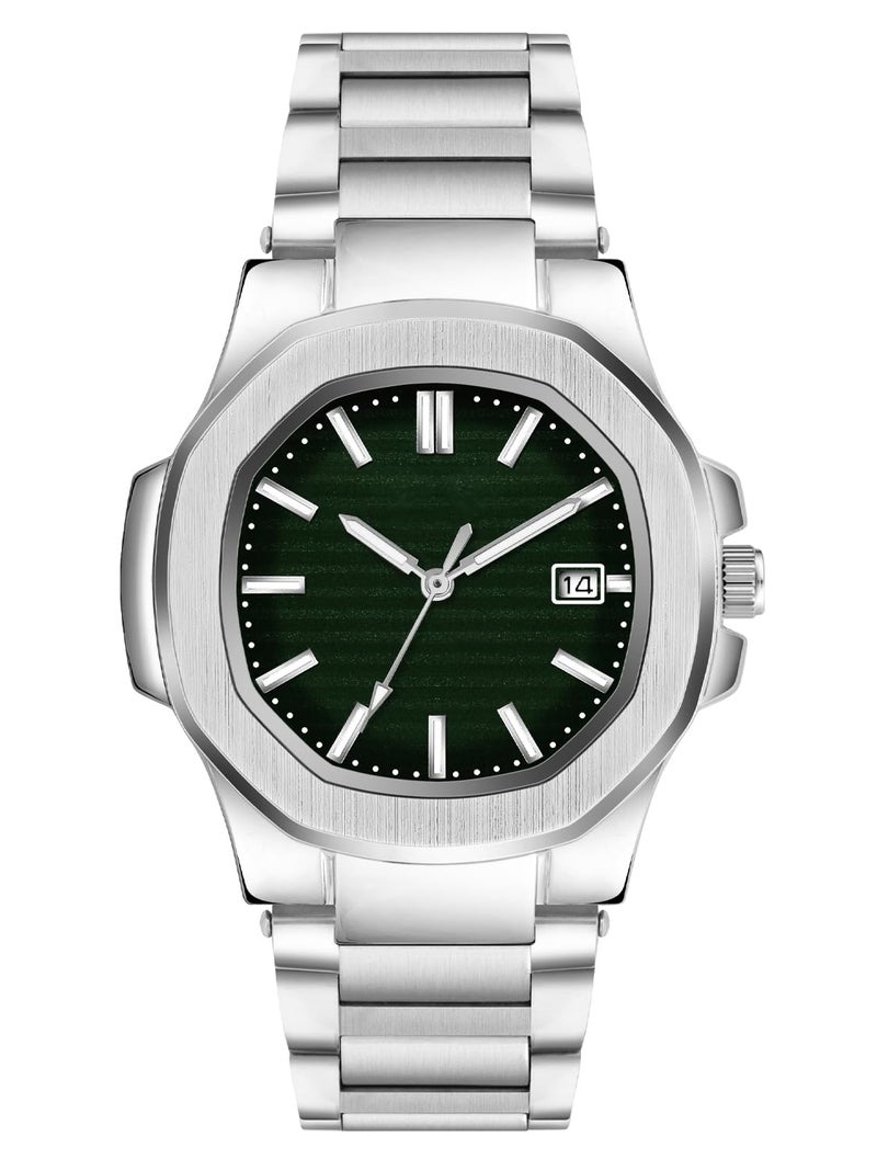 CLOUDWOOD Casual Fashion Octagonal Analog Stainless Steel Strap Date Display Watch for Man & Boys -MT80107 (Green) - Image 1
