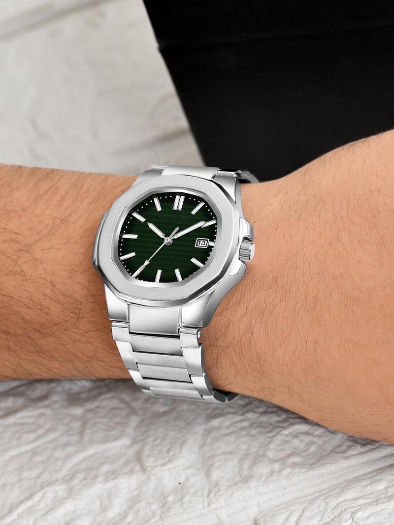 CLOUDWOOD Casual Fashion Octagonal Analog Stainless Steel Strap Date Display Watch for Man & Boys -MT80107 (Green) - Image 4