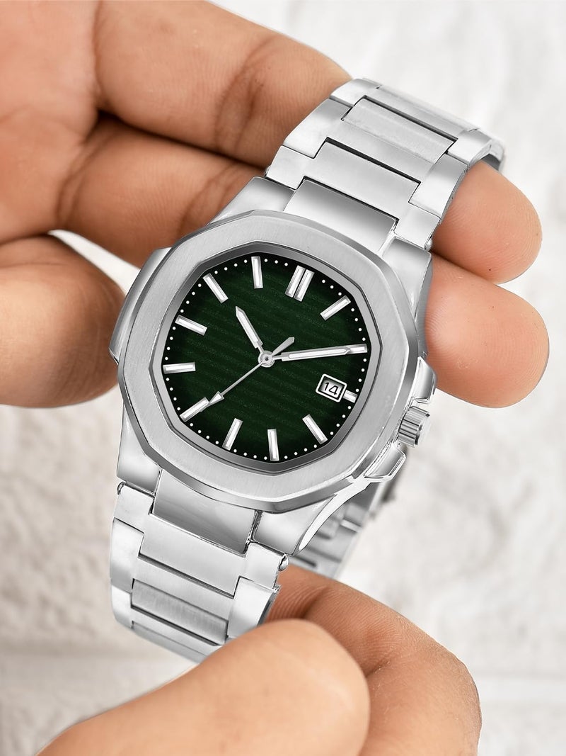 CLOUDWOOD Casual Fashion Octagonal Analog Stainless Steel Strap Date Display Watch for Man & Boys -MT80107 (Green) - Image 5