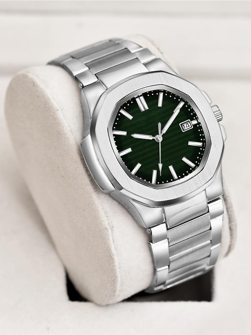 CLOUDWOOD Casual Fashion Octagonal Analog Stainless Steel Strap Date Display Watch for Man & Boys -MT80107 (Green) - Image 2