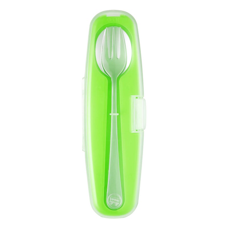 Innobaby Din Din Smart Stainless Steel Spoon and Fork with Carrying Case Utensil Set for Kids and Toddlers BPA Free Green 2 Count Pack of 1