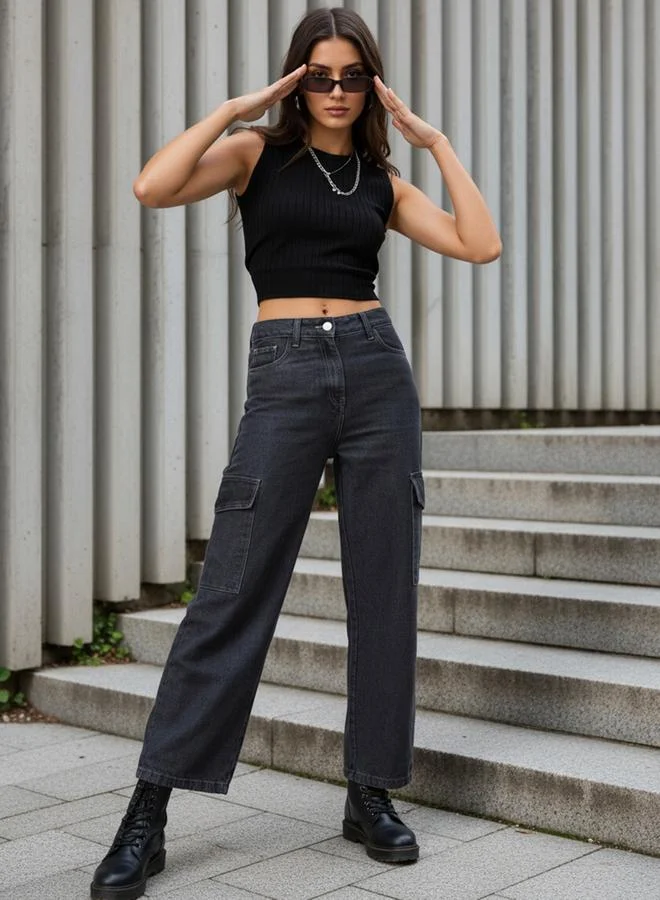 Freehand Grey Women Grey Flare Leg Cargo Jeans for Women | Best Price UAE