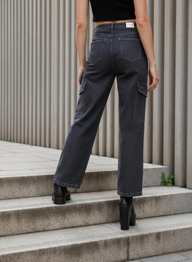 Freehand Grey Women Grey Flare Leg Cargo Jeans for Women | Best Price UAE