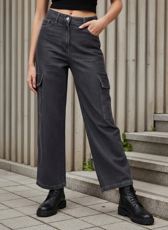 Women Grey Flare Leg Cargo Jeans