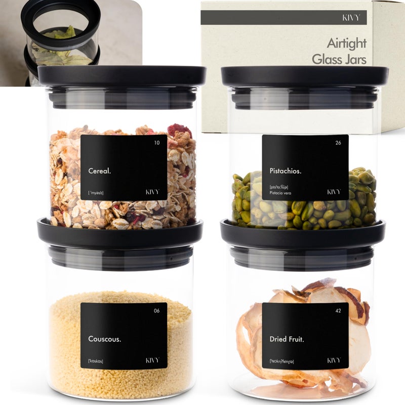 KIVY Airtight Glass Jars with Lids & Labels [4x 17oz] Stackable Glass storage jars with airtight lids - Black Glass Jars with airtight lid - Food Glass canisters with transparent lids - Image 1