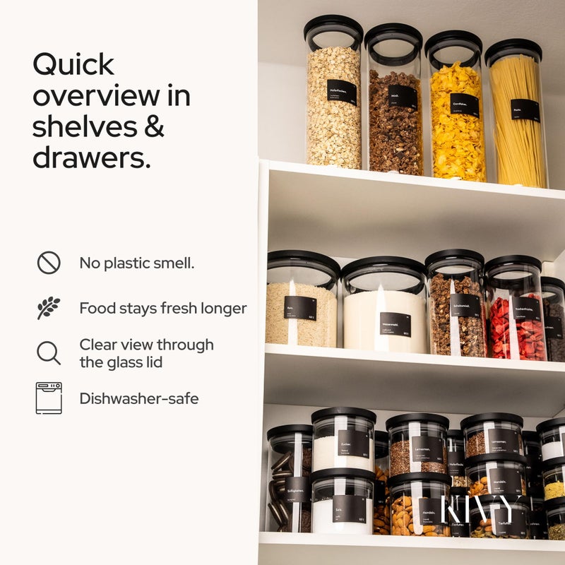 KIVY Airtight Glass Jars with Lids & Labels [4x 17oz] Stackable Glass storage jars with airtight lids - Black Glass Jars with airtight lid - Food Glass canisters with transparent lids - Image 5