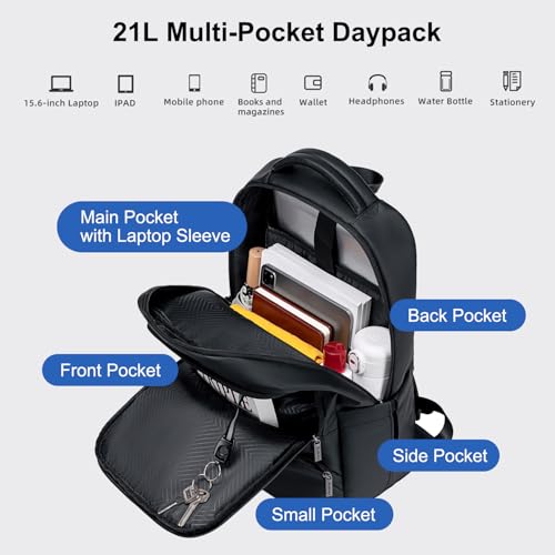 GOLDEN WOLF Business Backpack for Men 21L Laptop Backpack with 15.6-inch Laptop Pocket PU Coating Water-resistant Multi-Pocket for Daily Office College Casual,Black - Image 2